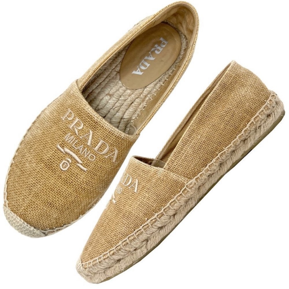 Prada Embroidered Logo Tan Jute Linen Espadrilles Rubber Soles Flats